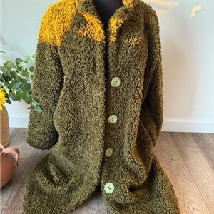 Habitat Faux Shearling Cozy Olive Green Button-Up Teddy Coat sz S